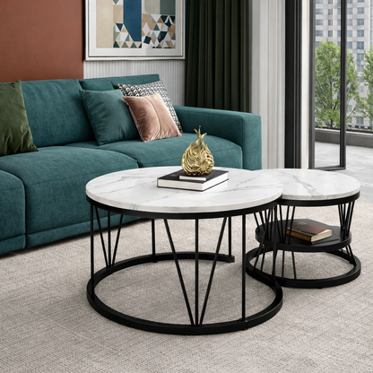 EvoluTable - Lot de 2 Tables Basses Gigognes Rondes Effet Marbre