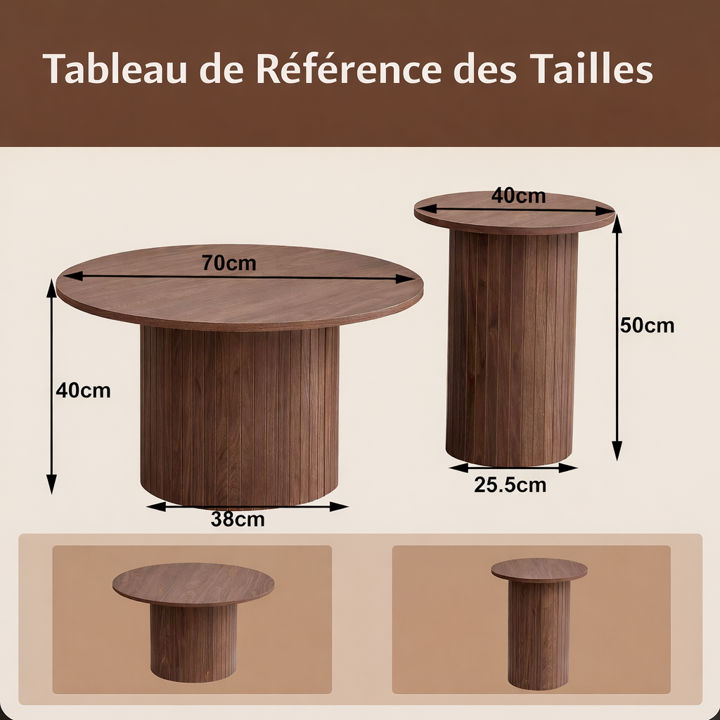 EvoluTable - Lot de 2 Tables Basses Gigognes Rondes Style Nordique
