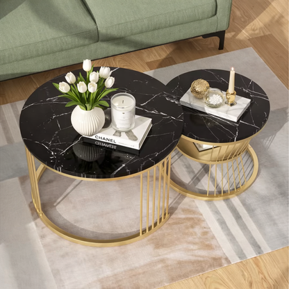 EvoluTable - Lot de 2 Tables Basses Gigognes Rondes Effet Marbre