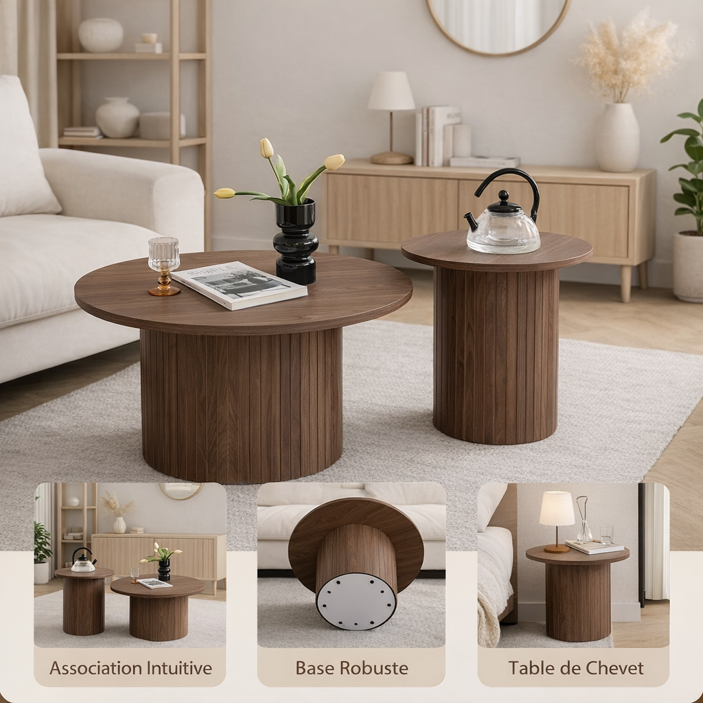 EvoluTable - Lot de 2 Tables Basses Gigognes Rondes Style Nordique