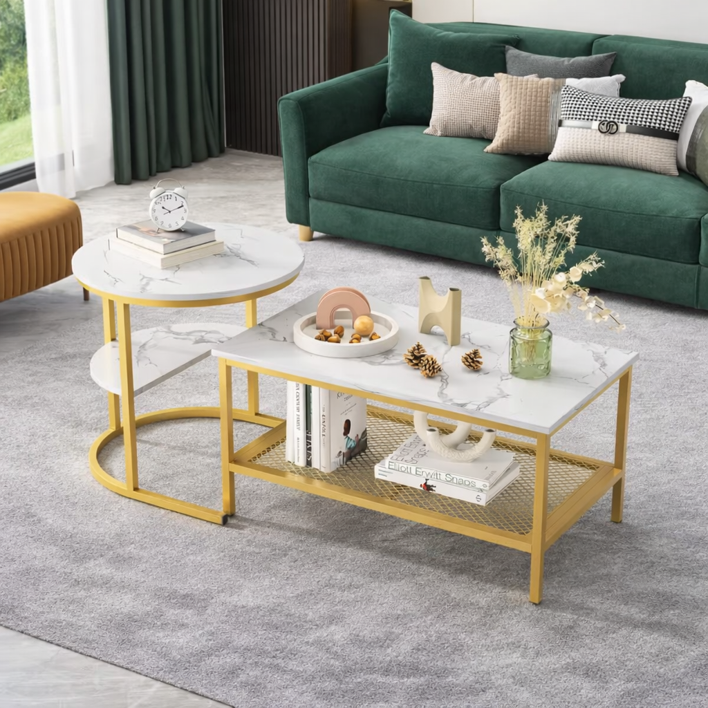 EvoluTable - Lot de 2 Tables Basses Gigognes Style Marbre