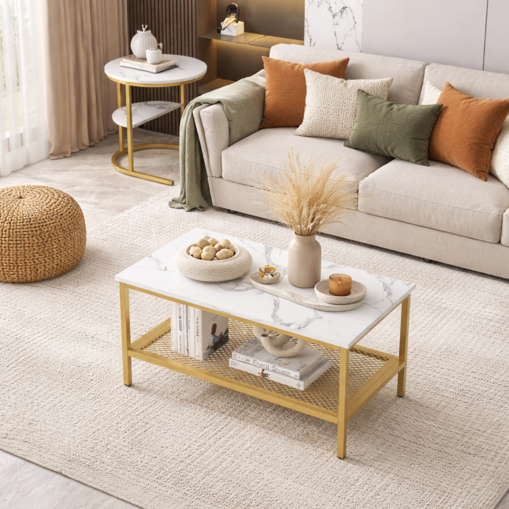 EvoluTable - Lot de 2 Tables Basses Gigognes Style Marbre