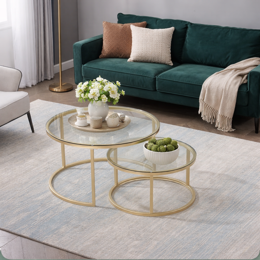 EvoluTable - Lot de 2 Tables Basses Gigognes Rondes Verre Trempé