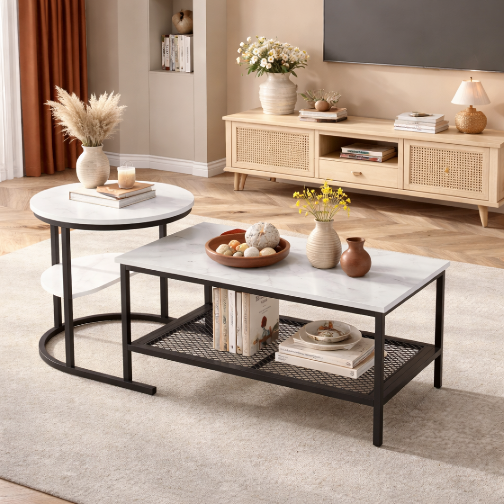 EvoluTable - Lot de 2 Tables Basses Gigognes Style Marbre