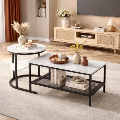 EvoluTable - Lot de 2 Tables Basses Gigognes Style Marbre