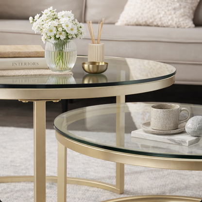 EvoluTable - Lot de 2 Tables Basses Gigognes Rondes Verre Trempé