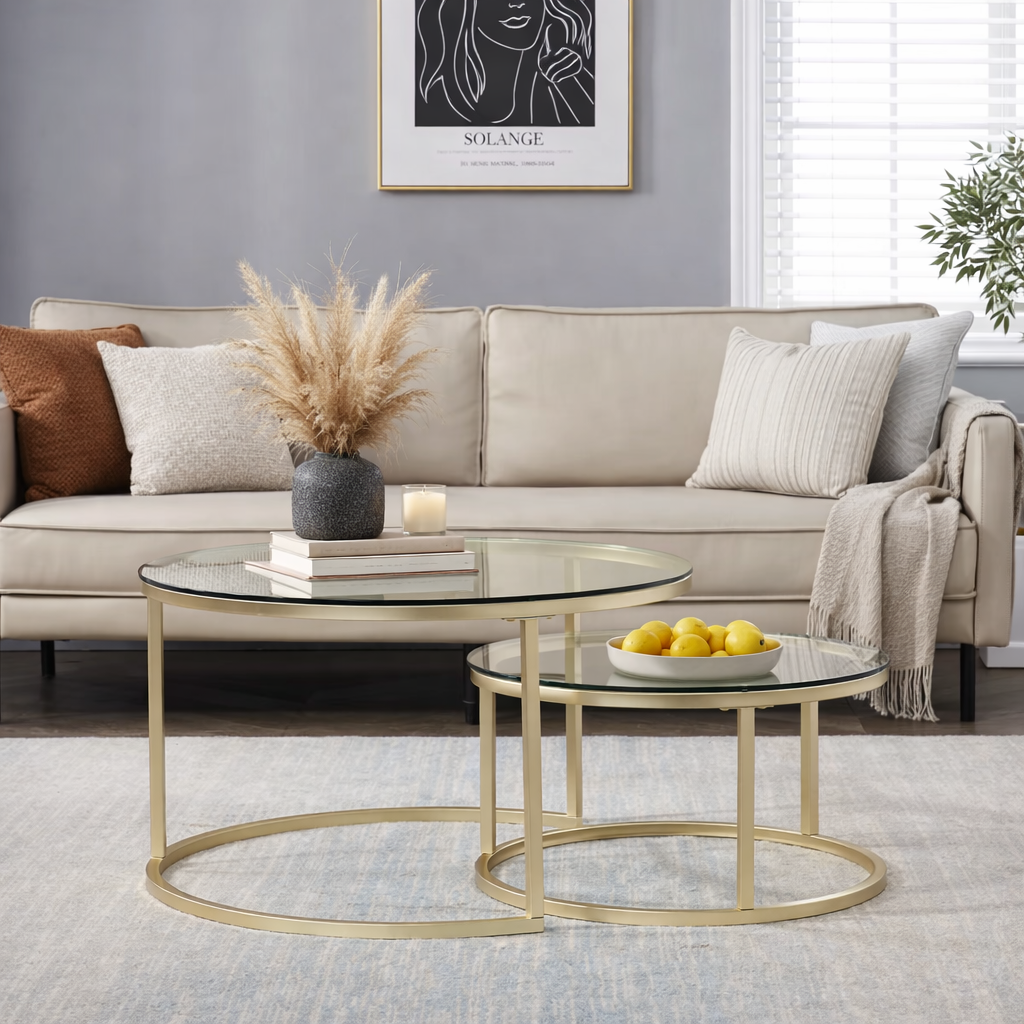 EvoluTable - Lot de 2 Tables Basses Gigognes Rondes Verre Trempé