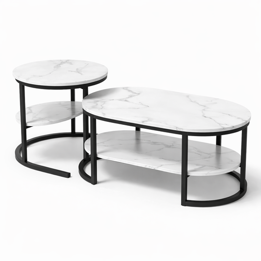 EvoluTable - Lot de 2 Tables Basses Gigognes Style Marbre