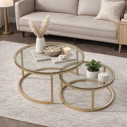 EvoluTable - Lot de 2 Tables Basses Gigognes Rondes Verre Trempé