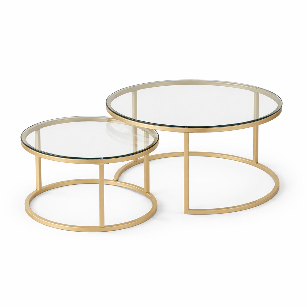 EvoluTable - Lot de 2 Tables Basses Gigognes Rondes Verre Trempé