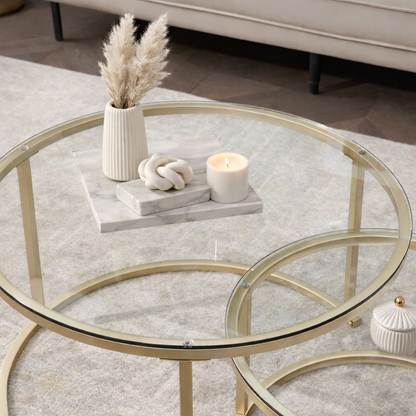 EvoluTable - Lot de 2 Tables Basses Gigognes Rondes Verre Trempé