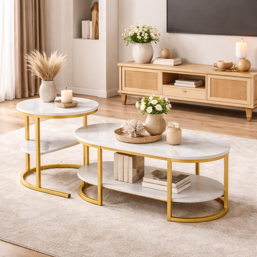 EvoluTable - Lot de 2 Tables Basses Gigognes Style Marbre