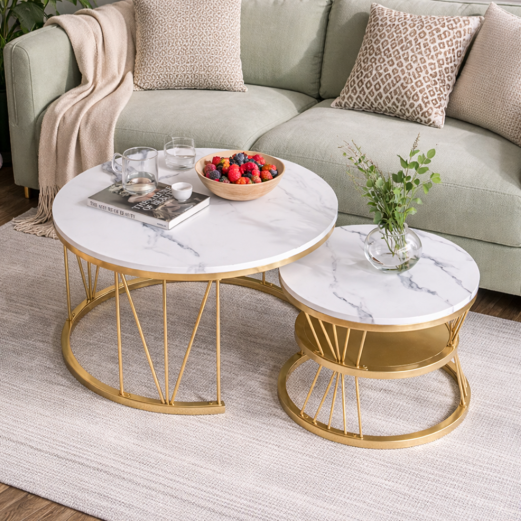 EvoluTable - Lot de 2 Tables Basses Gigognes Rondes Effet Marbre