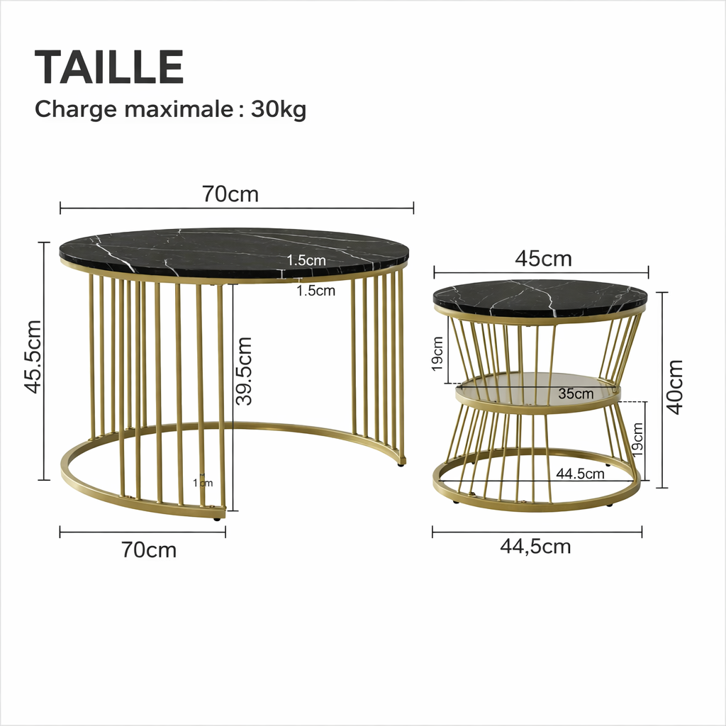 EvoluTable - Lot de 2 Tables Basses Gigognes Rondes Effet Marbre