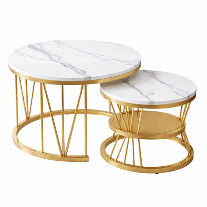 EvoluTable - Lot de 2 Tables Basses Gigognes Rondes Effet Marbre