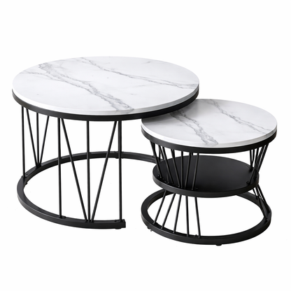 EvoluTable - Lot de 2 Tables Basses Gigognes Rondes Effet Marbre