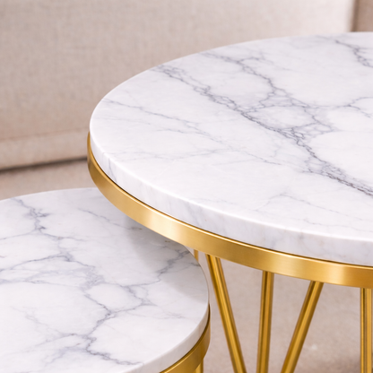EvoluTable - Lot de 2 Tables Basses Gigognes Rondes Effet Marbre